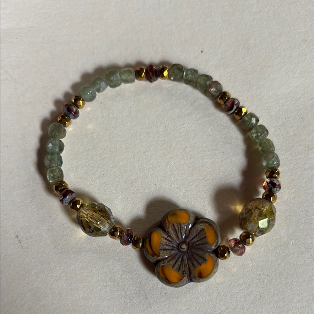Floral Beaded Stretch Bracelet with Yellow and Green Accents